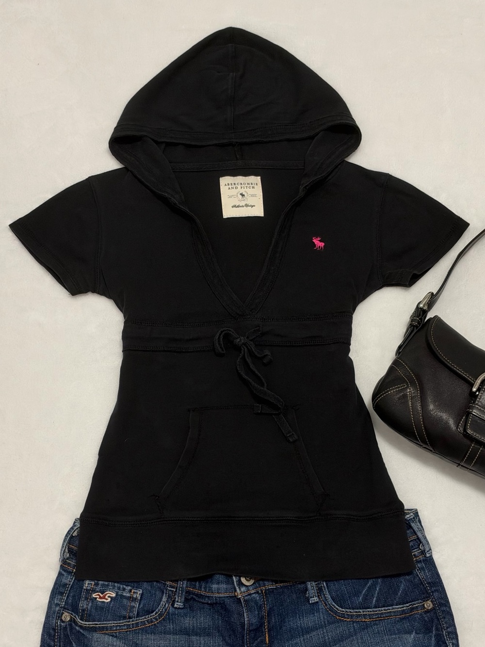 Abercrombie & Fitch Black Short-Sleeve Hooded Top with Pink Logo